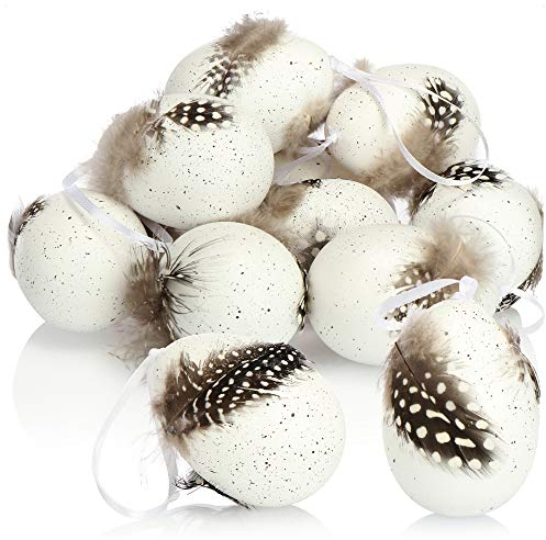 com-four® 12x Ostereier zum Anhängen - Hängedeko für den Osterstrauch 7 x 5 cm - Deko-Ostereier zum Aufhängen mit Federn in Wachtelei-Optik