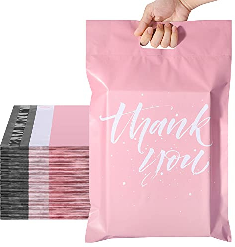Metronic Poly Mailers 12x15.5 100 Pcs | Upgrade Design Shipping Bags with Handle | Mailing Envelopes for Clothing with Self Adhesive | Easy to Carry, Waterproof and Tear-Proof Postal Bags Light Pink