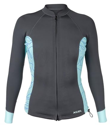 XCEL Girls Axis Long Sleeve Front Zip Wetsuit Jacket 2/1mm - Graphite/Glacier Blue Monstera Print | 14