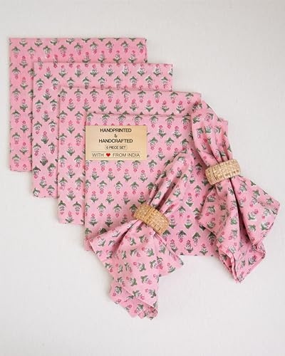 Cotton Print Dinner Napkins 18x18 inches - Washable Cloth Napkins Set of 6 - Everyday Use or Dinner Party and Events - Pink Block Printed Soft Fabric by Craftbot