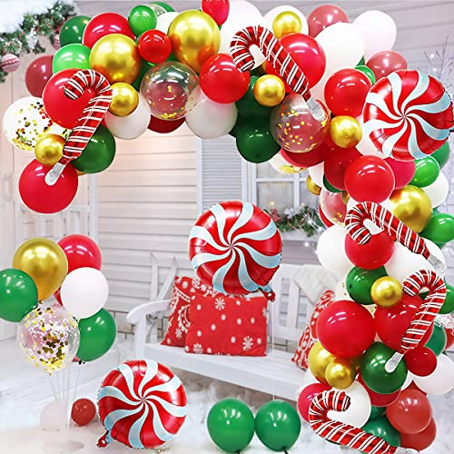 Palloncini di Natale Hillylolly 108 Pezzi Palloncini Festa Natale, Palloncini Natalizi in Lattice rosso verde bianco, Palloncini Natalizi in Alluminio, Palloncini Natalizi Arco, Decorazioni Natalizie