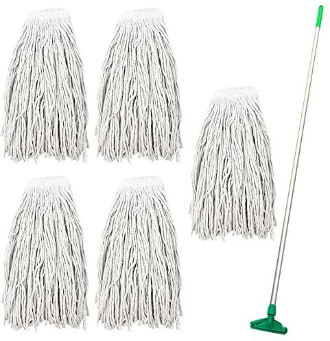 Kentucky Mop Set, Colour-Coded Industrial Mop Includes x5 Kentucky Head, x1 Solid Aluminium Handle & x1 Plastic Clip, Commercial-Grade Heavy Duty Cleaner for Cleaning Floors (Green)