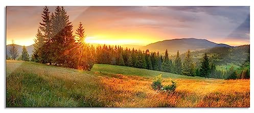Pixxprint Glasbild Panorama, Wandbild aus Echtglas, Wiesenlandschaft bei Sonnenuntergang, 100x40 cm, inkl. Aufhängung und Abstandshalter
