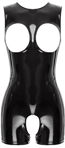 Freebily Damen Wetlook Bodysuit Glänzend Lackleder Catsuit Jumpsuit Brustfrei Leder Body Ouvert Wetlook Dessous Frauen Mit öffnung Schwarz M