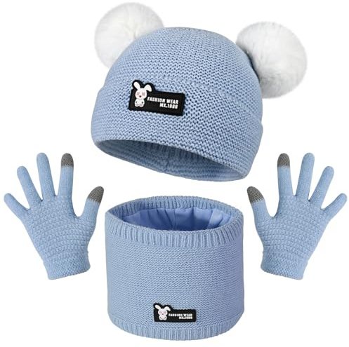 AYPOW Set de bufanda, gorro y guantes para niña, Gorro Guantes y Bufanda Niño, Gorro de Punto Invierno Térmico con Guantes y Bufanda Forro Polar Niños Set, de 2 a 5 Años