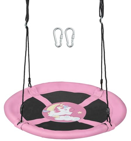 KOMFOTTEU Nestschaukel Ø102cm, Kinderschaukel Höheverstellbar aus PP & Oxford-Geweb, Tellerschaukel Hängeschaukel für Indoor & Outdoor 100 kg belastbar (Pink)