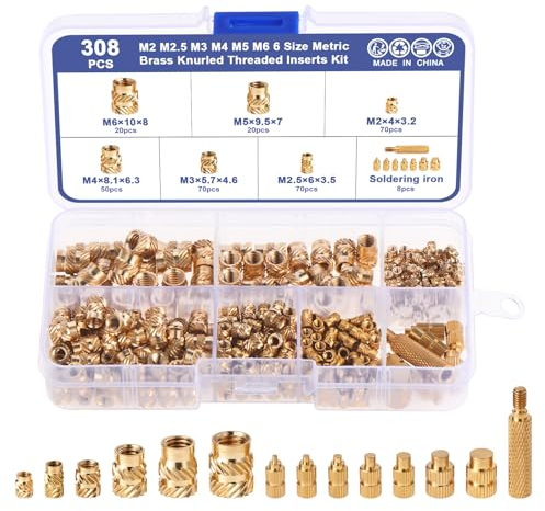 Habwea 308 piezas Juego de insertos roscados y puntas de soldar, M2 M2.5 M3 M4 M5 M6 Inserto roscado Fundente para insertos roscados Tuercas a presión para impresión 3D Fundente para roscas de latón M