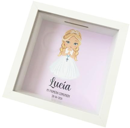 Leven Levenalm Hucha Personalizada comunión niña niño. Madera y Cristal. Personalizado con Nombre y Fecha.