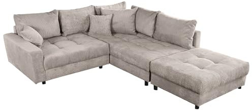Riess Ambiente Modernes Ecksofa Kent 220cm Greige Cord inkl. Hocker Federkern L-Form Wohnlandschaft