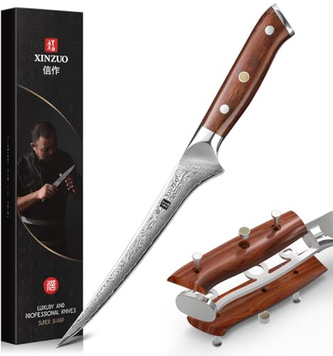 XINZUO Acciaio Damasco 18cm Coltello per Sfilettare da Cucina -Bordo Disossare Pesce e Carne -Professionale Coltello da Pesce da Filetto in Acciaio Damasco a 67 Strati -Manico in Legno di Rosa