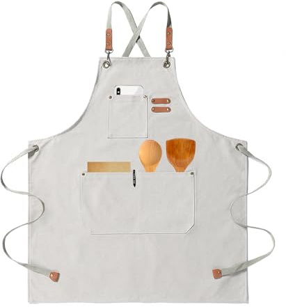 HIUOUIH Förkläde Kök BBQ Förkläde Justerbar Herr Arbetsförkläde Kvinnor med 3 Fickor Canvas Förkläden Kock för Restaurang Bar Restaurang Målning