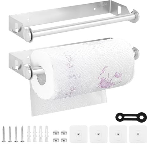 NZZVNZ Juego de 2 soportes para rollos de cocina, 28 cm, acero inoxidable, soporte para rollos de cocina, montaje en pared, sin taladrar ni taladrar, soporte para rollos de pared para cocina, baño