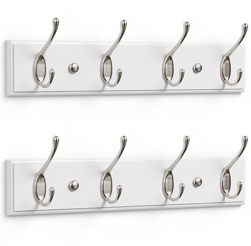LARHN White Wall-Mounted Coat Rack, 2-Pack - 4 Matt-Nickel Coat Hooks, 42cm
