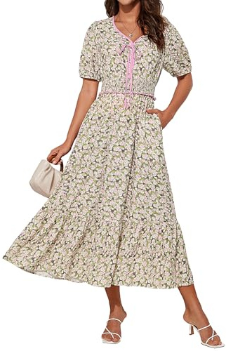 GRACE KARIN Robe midi élégante à fleurs pour femme - Manches courtes - Col en V - Taille élastique - Robe d'été, XXL