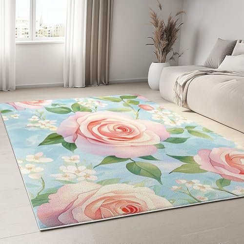 Teppich Kurzflor Aquarell Blumen Rosen Muster Design Wohnzimmer Schlafzimmer Maschinenwaschbarer Teppich – Schmutzabweisend, Familien und Haustierfreundlich 120 x 180 cm, Rosa