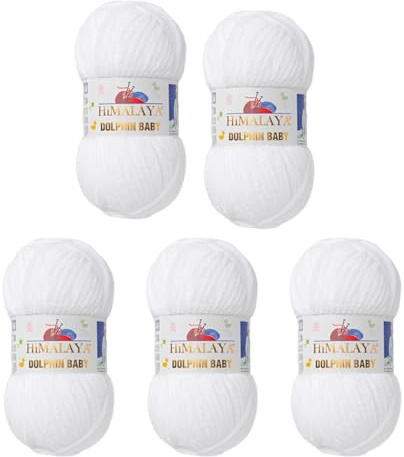 Himalaya Dolphin Baby Yarn Each Skein 100gr 120m Super Bulky Yarn for Knitting&Crocheting Ideal for Cardigans Shawls Blankets Hats and Home Textiles (80301 White, Pack of 5)