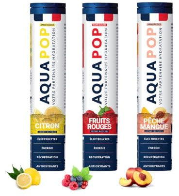 AQUAPOP - Pastilles électrolytes - Pack de 3 tubes - Sans Sucres - Favorise l'hydratation et l'énergie - 60 Comprimés Minéraux et Vitamines - Sport & Bien-être - Fruits Rouge, Citron, Pêche - 3-Pack