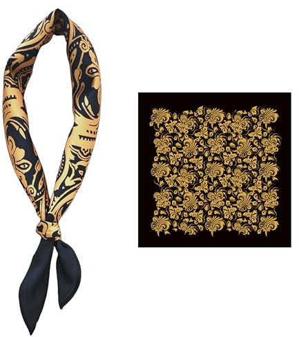 GIMIRO Silke imitation scarf 53 x 53 cm för män, fyrkantiga halsdukar, eleganta, vintage, blommig, våg prick rand, Svart gyllene retroutskrift, 53x53