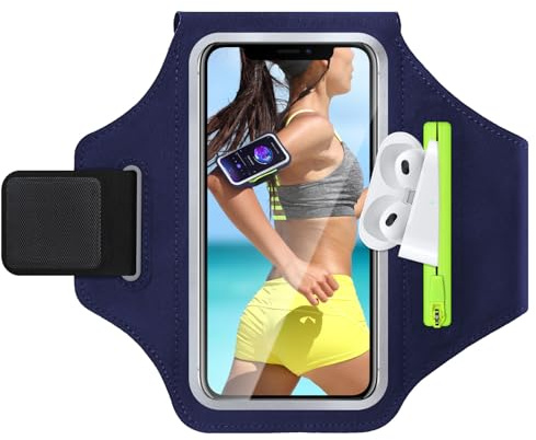 GlasFlength Fascia da braccio universale per cellulare con tasca per auricolari per iPhone 15/14/13/12/Samsung Galaxy S24/S23 Huawei Xiaomi (Navy Blue)