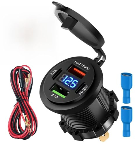 66W 12 Volts Prise USB, 4 Ports Prise de Chargeur de Voiture Double PD 3.1A 30W et Double Rapide Charge USB A avec LED Voltmètre pour Voiture Chargement Rapide pour Bateau Camping-Car Camion Moto