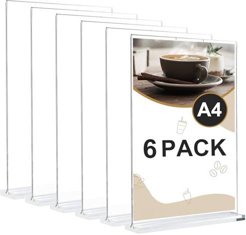 Samamoca 6 Pack A4 Acrylic Sign Holder,Clear Poster Menu Holders, A4 Stands Display Holder,Double Side Display Acrylic Sign Holder,T-Shape Perspex Display Holder for Office Shop Restaurant School
