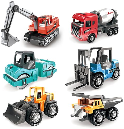 6 Stück Baustellen Fahrzeuge, Mini Lastwagen Autos, Bunt Baufahrzeuge Spielzeug Geschenkset (Bagger Straßenroller Dumper Mischer Bulldozer Gabelstapler) für Kinder ab 3 Jahren