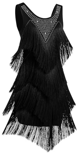 AGYMNX Women's Tassel Latin Dance Dress Sleeveless Fringed Dresses with Rhinestones Fancy Cocktail Party Dancewear for Samba Cha Cha