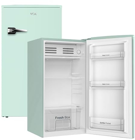 VOK Frigorífico Bajo Encimera de 85 L - Altura 84 cm, Cool Zone, Bajo Nivel Sonoro 39dB, Diseño Retro, Verde Menta