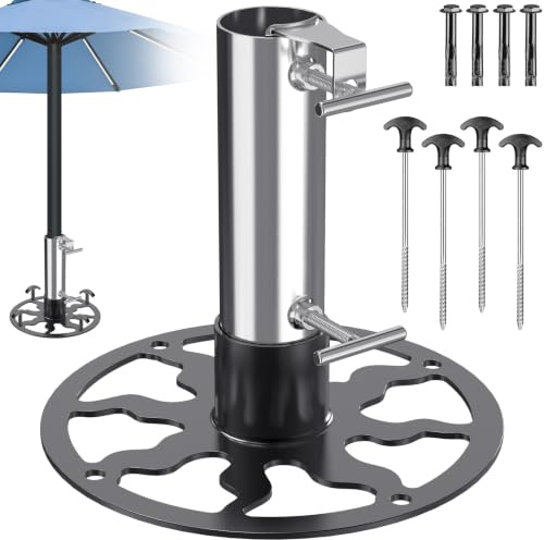 Dolibest Base de sombrilla resistente para exteriores (hasta 2 pulgadas), ancla de soporte para sombrilla de patio con estacas de tierra/anclajes de expansión, base de paraguas de acero para patio