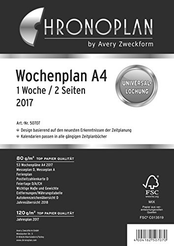Chronoplan 50707 kalenderinlägg 2017 (veckoplan A4 i kolumner, 1 vecka och 2 sidor) vit