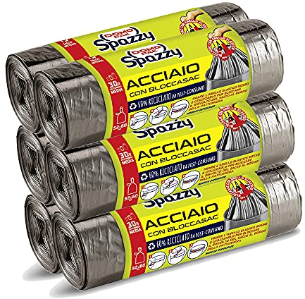 Domopak Spazzy Sacchi Nettezza Acciaio con Bloccasac, Casalingo 30 Lt, 6 Confezioni da 15 Pezzi