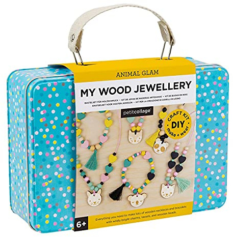 Petit Collage Animal Glam Wood Jewellery Set Craft Kit– Activity Set to Make Charm Bracelets and Necklaces for Women – Creative Toys for Ages 6+ – Ideal Crafts for Kids
