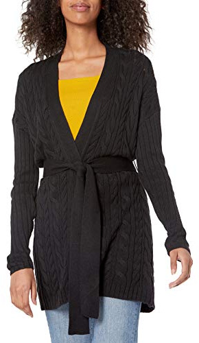 Amazon Essentials Cárdigan largo en punto trenzado suave con cierre Mujer, Negro, XS