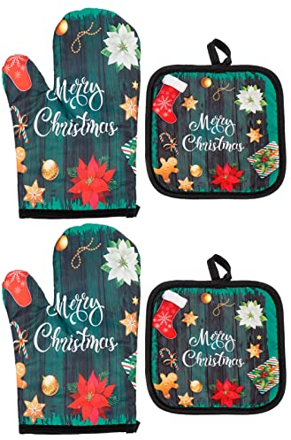 Beaupretty Weihnachten Topflappen Ofenhandschuhe Hitzebeständig rutschfest Grillhandschuhe Topfhandschuhe Backhandschuhe mit Weihnachtsmotiven Weihnachtsdeko zum Backen Kochen Grillen 2 Sets
