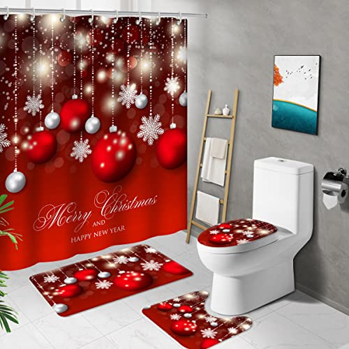 Juego de 4 cortinas de ducha de Navidad con alfombra antideslizante, cubierta de tapa de inodoro y alfombrilla de baño, decoración de baño de Navidad de 71 x 71 pulgadas con 112 ganchos impermeables