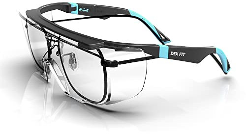 DEX FIT | SG210 | Lunettes de sécurité superposées, adaptables, protection des yeux Z87, résistantes à la buée et aux rayures, réglables, protection UV, monture noire/bleue, verres transparents