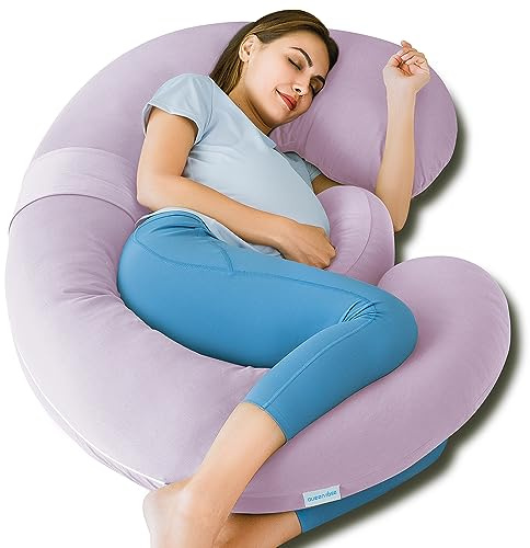 QUEEN ROSE Cooling Pregnancy Pillows,E Shaped Full Body Pillow for Sleeping, with Pregnancy Wedge Pillow for Belly Support, 60 Inch Maternity Pillow for Side Sleeper, Cooling Rayon Cover, Purple