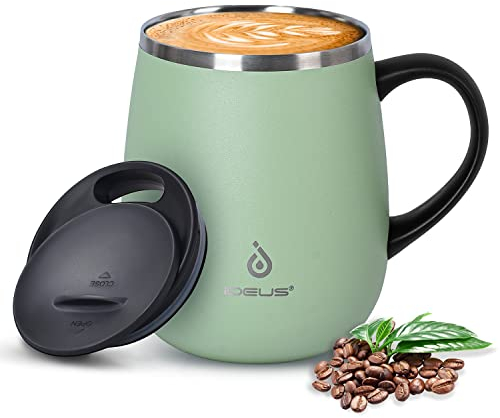 Ideus Kaffeebecher 470 ml (16 oz), doppelwandige vakuumisolierte Kaffee- und Teetasse aus Edelstahl mit rutschfestem Griff und Schiebemoduldeckel und großem Volumen (Grasgrün)