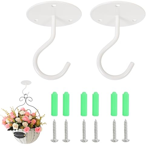 Wisebom 2 Pezzi Ganci da Soffitto per Piante Sospese, Ganci per Appendere Resistenti con Viti, Ganci per Piante in Metallo per Montaggio a Parete, per Appendere Uccelli, fioriere,Lanterne (Bianco)