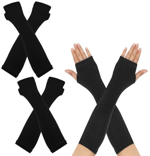Ownkim 2 Paar Lange Armstulpen, Halb Fingerlose Handschuhe, Thermo Gestrickte Fingerlose Handschuhe für Damen und Herre, Warme Winterhandschuhe mit Daumenloch und Dehnbarem Design