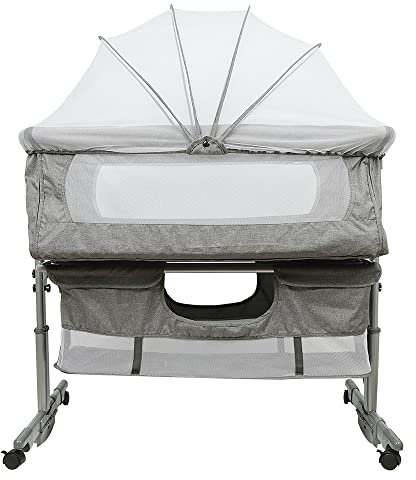 Willonin Babysäng, babysäng, babykododosäng, hopfällbar spjälsäng, justerbar höjd och justerbar spjälsäng, madrasser, 4 svängbara hjul, myggnät, lutande spjälsängar (93 x 57 x 71–88 cm, mörkgrå)