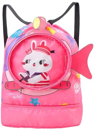 Rayson Bolsa de playa para niños Mochila Cuerdas Niños Bolsa Deporte con Cordón Linda Bolsa de natación Separación seca y húmeda impermeable,Conejito rosa
