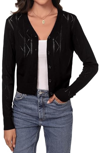 Irevial Elegante Cardigan Ligero con Cuello V Mujer Frontal Abierto de Punto Elástico Corta Tradicional Chaqueta Mujer Chaqueta con Botón Cuello en V para Cóctel Boda Negro，L