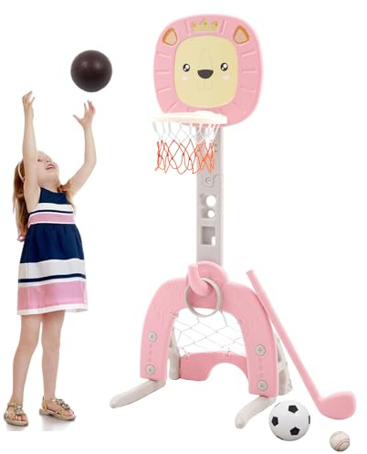 Panier de Basket Enfant 4 en 1 Panier de Basket Interieur Réglable en Hauteur(48-59in) Panier de Basket avec Anneau de Jeu de Golf et But de Football Cadeau pour Enfants de 3 Ans+(Rose)