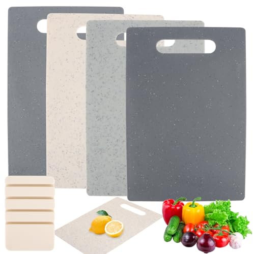 Chopping Board Set, 4 Piece Cutting Boards for Kitchen with Storage Stand, Chopping Board Plastic for Fruit & Vegetables, Cooked Food, Raw Meat & Fish Non Slip Chopping Boards