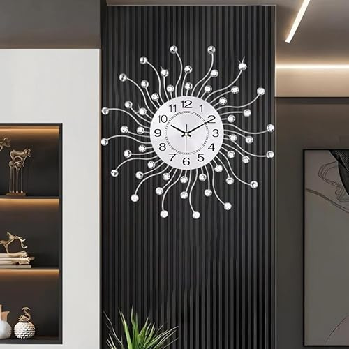Large Wall Clock for Living Room Modern Silent Wall Clocks Battery Operated Decorative Non-Ticking Clocks for Bedroom Kitchen Dining Room Office Silver Crystal Metal Wall Decor for House 20 Inch