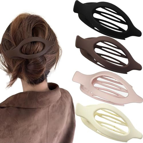 Flomiara Lot de 4 pinces à cheveux plates ovales pour cheveux épais, fins et fins pour femmes et filles, antidérapantes, solides, accessoires de griffes françaises mates, noir, marron, kaki, beige