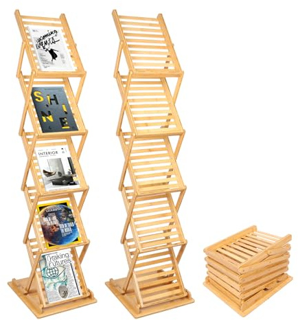 Nynelly Foldable Magazine Rack Floor Stand Brochure Display Stand Literature Display Rack Holder Bamboo Wood Magazine Rack for Home Office Retail Display Exhibitions Trade Show Portable 5 Pockets