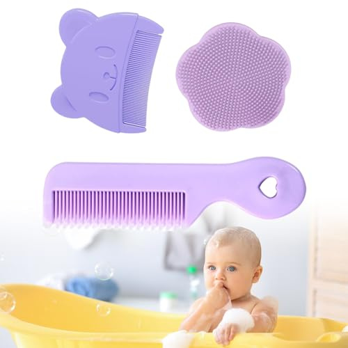 Silikonbabybadborste, 3 stycken hårkam för nyfödda, babyborste för nyfödda, badborste, babyhårborste och kamset, gjord av silikon, lämplig för att kamma babyhår och massera hårbotten