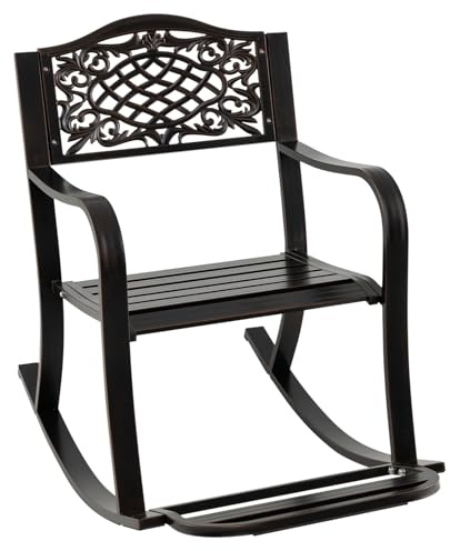 COSTWAY Silla Mecedora de Aluminio Fundido, Mecedora Exterior con Reposapiés, Respaldo y Reposabrazos Curvos, Sillon Jardin Terraza Exterior, 102 x 62,5 x 89 cm, Marrón Antiguo, Carga 150kg